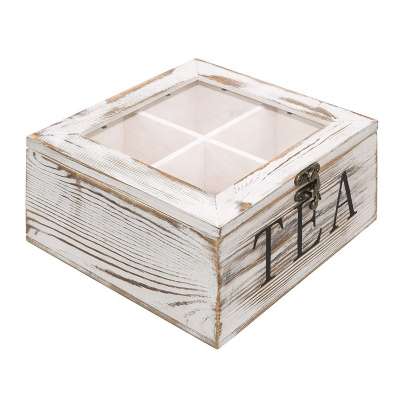 4-Slot Rustic Whitewashed Wood Tea Bag Storage Chest with Clear Lid