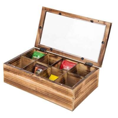 Rustic Burnt Wood 8-Compartment Tea Bag Storage Chest with Clear Display Lid