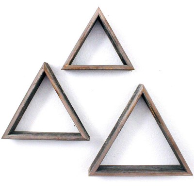 Set of three rustic floating triangle shelves wall mounted