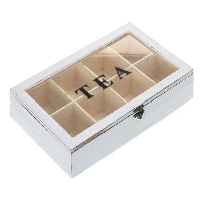 8-Compartment Vintage White Wood Tea Bag Storage Box with Lid